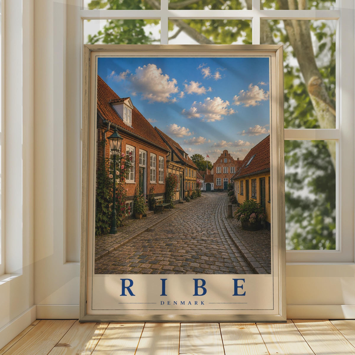 Ribe Denmark Travel Poster, Danish Cobblestone Street, Scandinavian City Wall Art