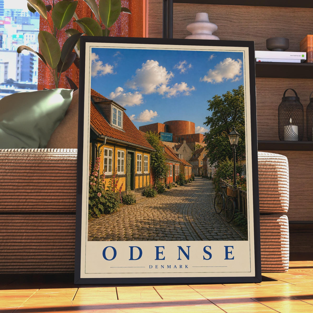 Odense Denmark Travel Poster, Danish Cobblestone Street Wall Art, Scandinavian City Print