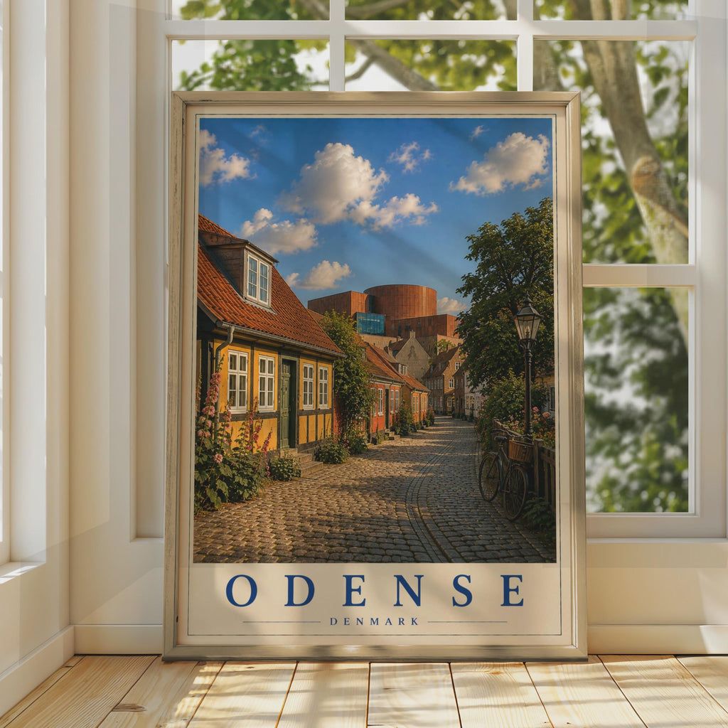 Odense Denmark Travel Poster, Danish Cobblestone Street Wall Art, Scandinavian City Print