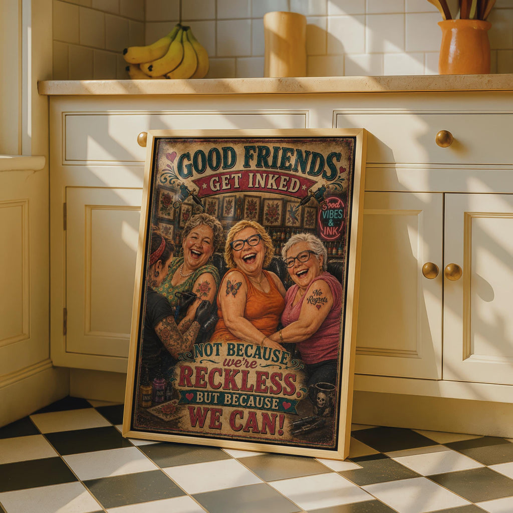 Good Friends Get Inked Tattoo Parlour Poster, Funny Women Friendship Wall Art