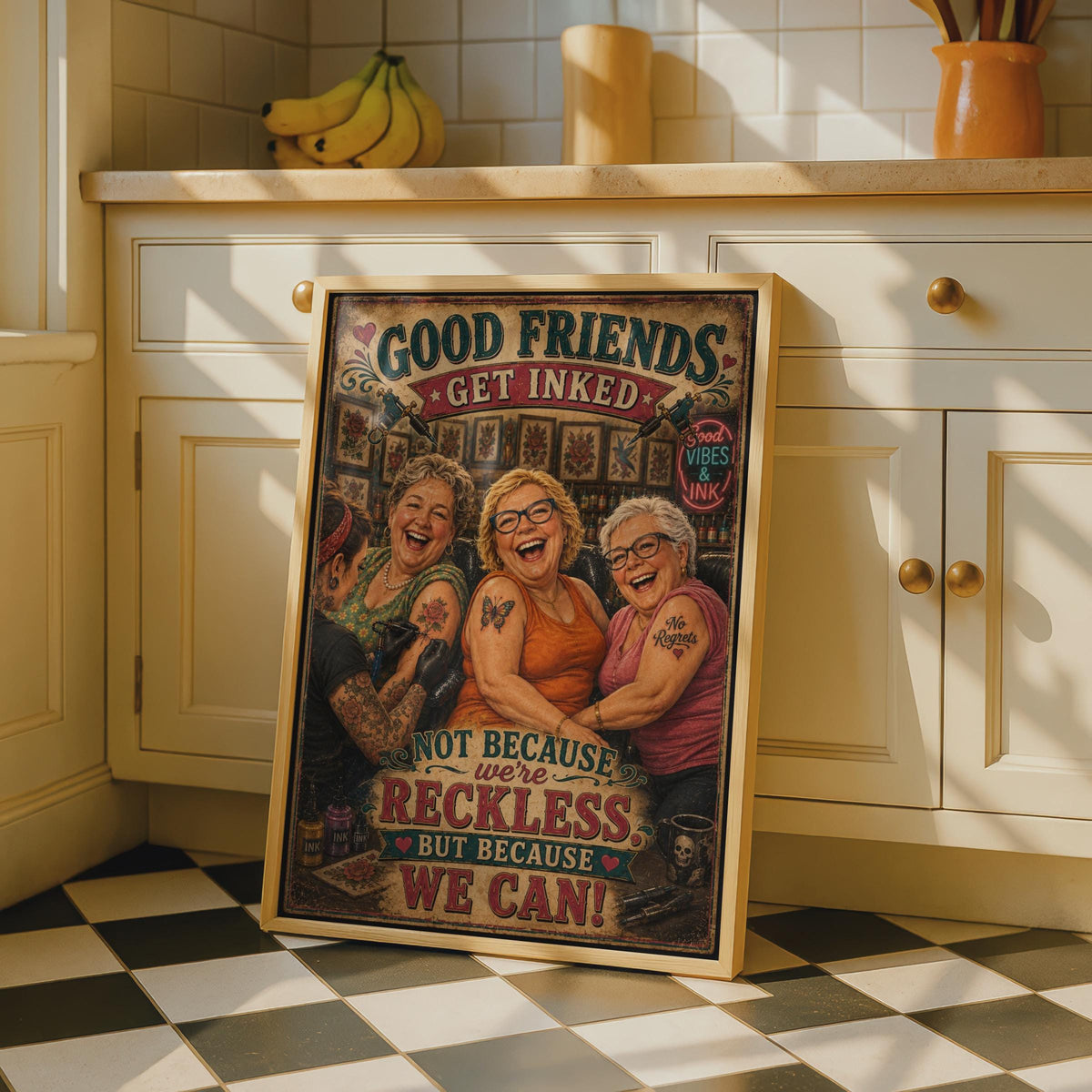 Good Friends Get Inked Tattoo Parlour Poster, Funny Women Friendship Wall Art