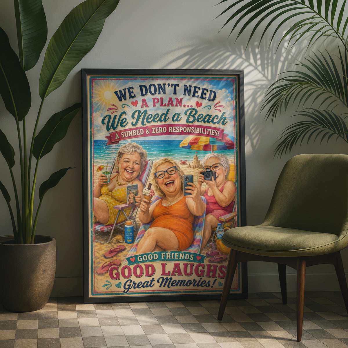 Good Friends Beach Poster, Funny Women Holiday Wall Art, Vintage Retro Style Gift