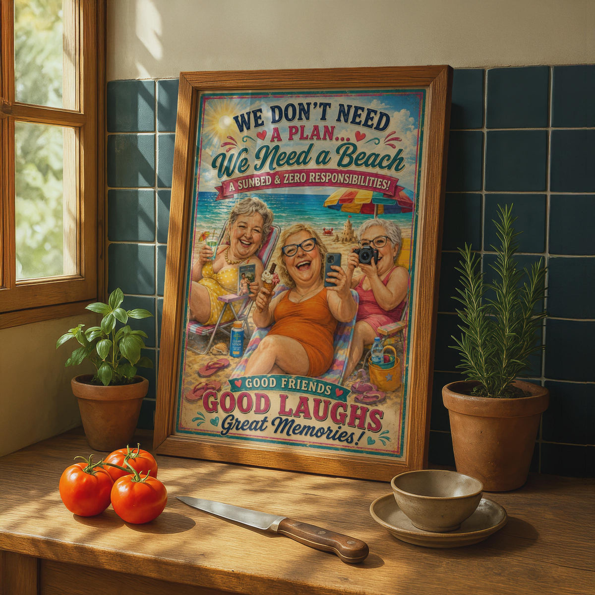 Good Friends Beach Poster, Funny Women Holiday Wall Art, Vintage Retro Style Gift