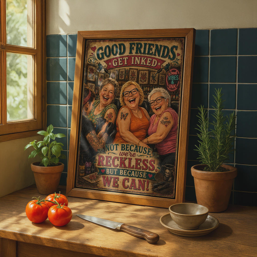 Good Friends Get Inked Tattoo Parlour Poster, Funny Women Friendship Wall Art