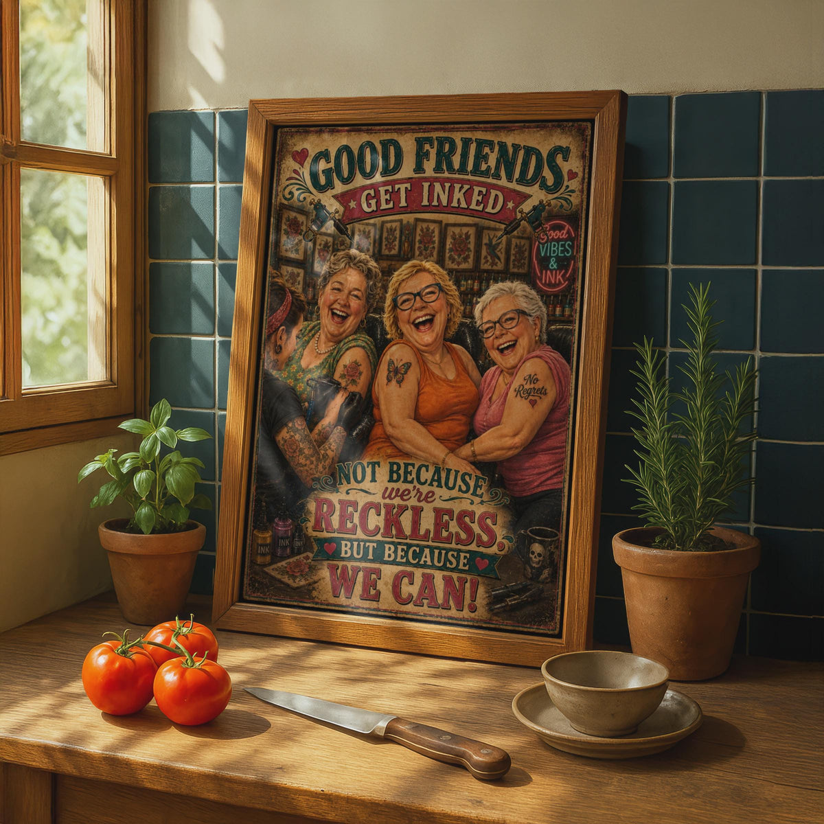 Good Friends Get Inked Tattoo Parlour Poster, Funny Women Friendship Wall Art