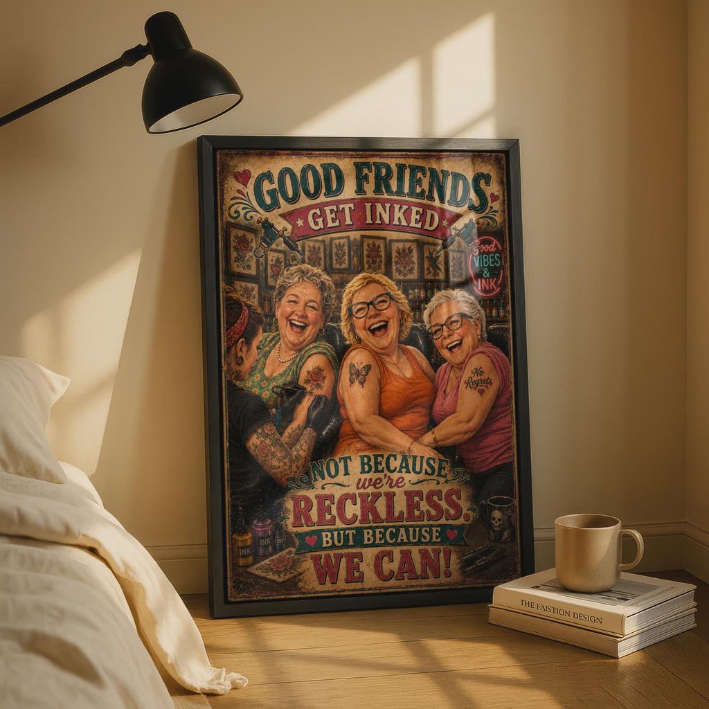 Good Friends Get Inked Tattoo Parlour Poster, Funny Women Friendship Wall Art