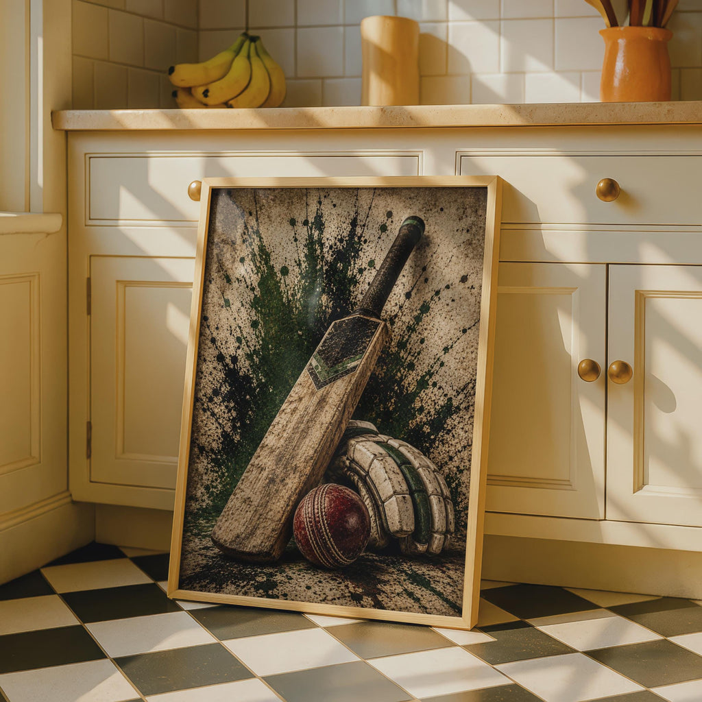 Cricket Bat Ball and Gloves Poster, Vintage Grunge Sports Wall Art, Cricket Gift