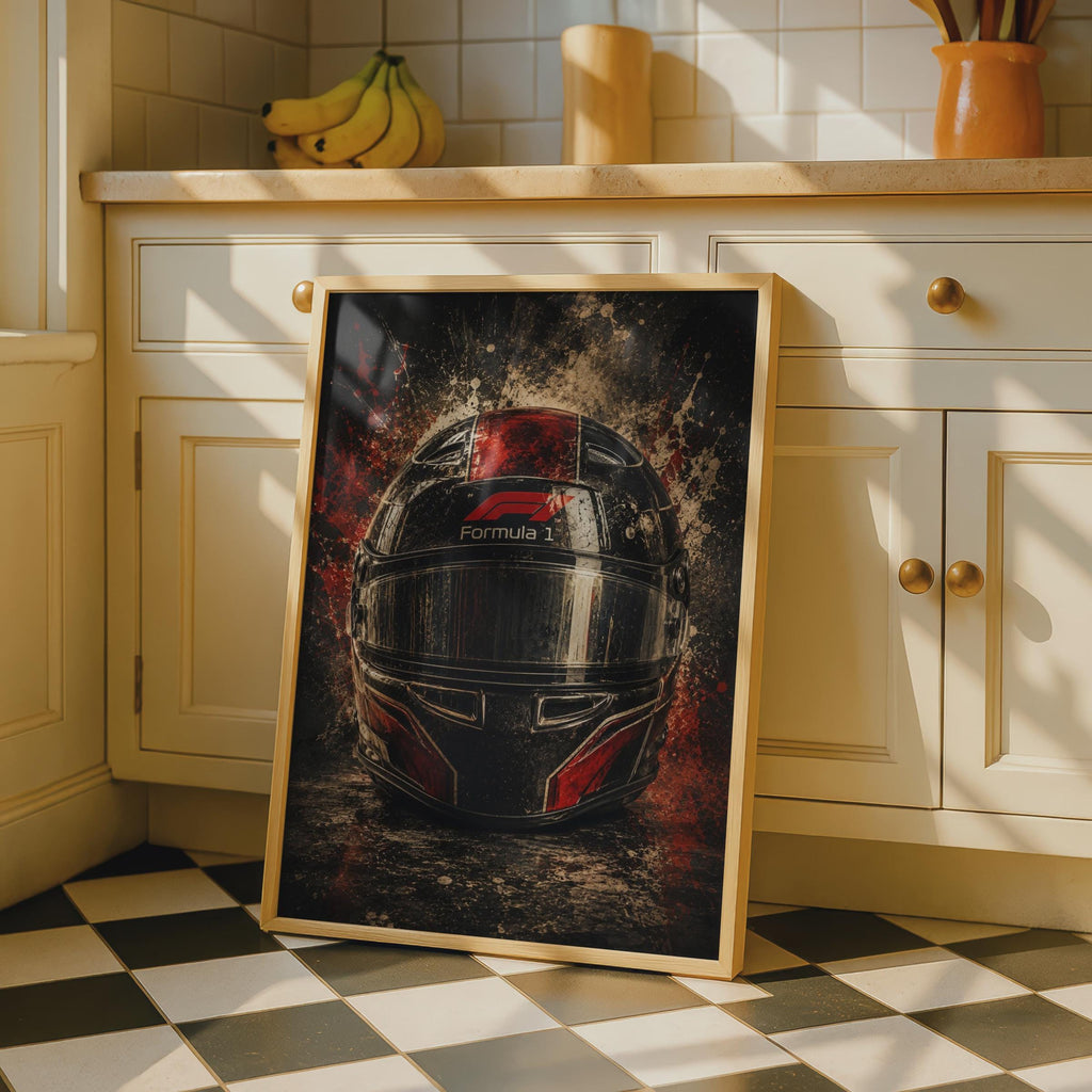 Vintage  Racing Helmet Poster, F1 Dark Splatter Wall Art, Motorsport Print, Gift