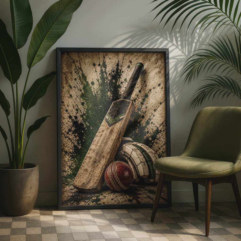 Cricket Bat Ball and Gloves Poster, Vintage Grunge Sports Wall Art, Cricket Gift