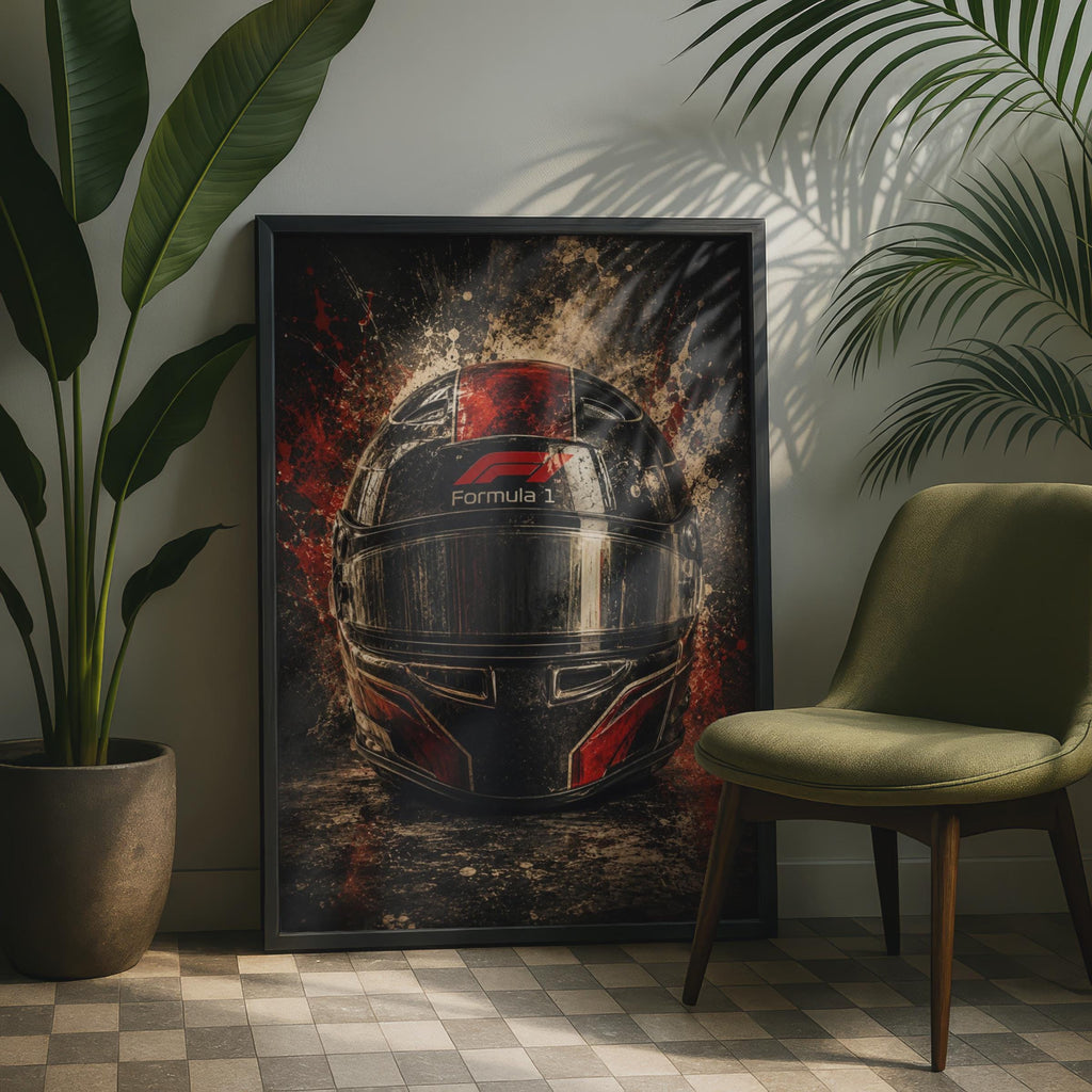 Vintage  Racing Helmet Poster, F1 Dark Splatter Wall Art, Motorsport Print, Gift