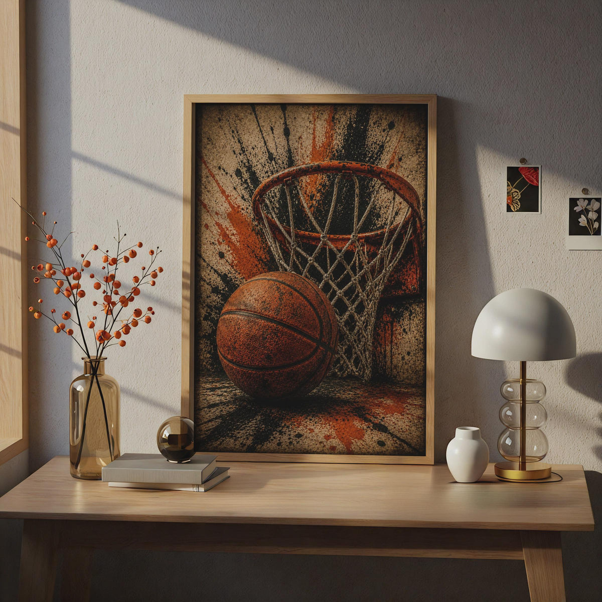 Basketball Hoop Grunge Poster, Urban Street Sport Wall Art, Orange Black Decor