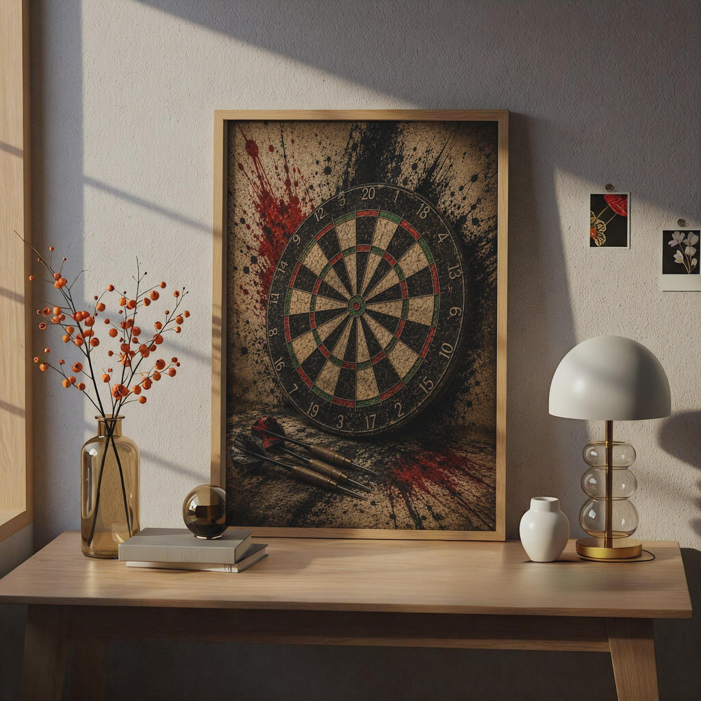 Dartboard Grunge Poster, Dark Darts Wall Art, Moody Sports Room Decor, Games Room