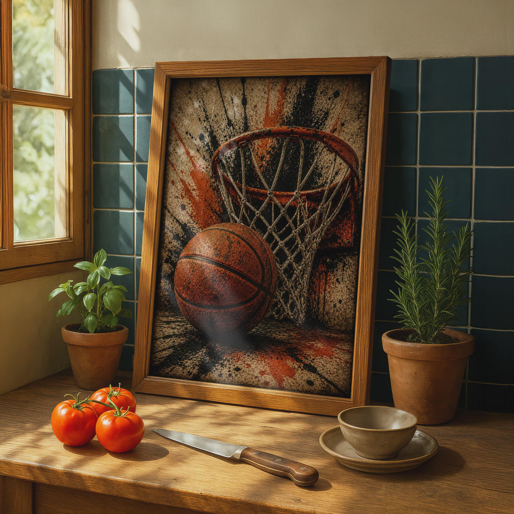 Basketball Hoop Grunge Poster, Urban Street Sport Wall Art, Orange Black Decor