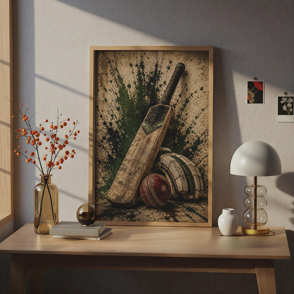 Cricket Bat Ball and Gloves Poster, Vintage Grunge Sports Wall Art, Cricket Gift