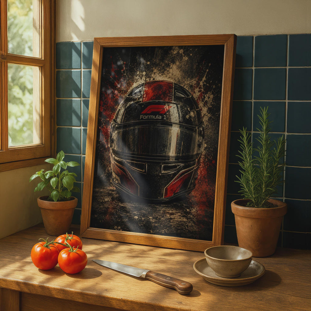 Vintage  Racing Helmet Poster, F1 Dark Splatter Wall Art, Motorsport Print, Gift