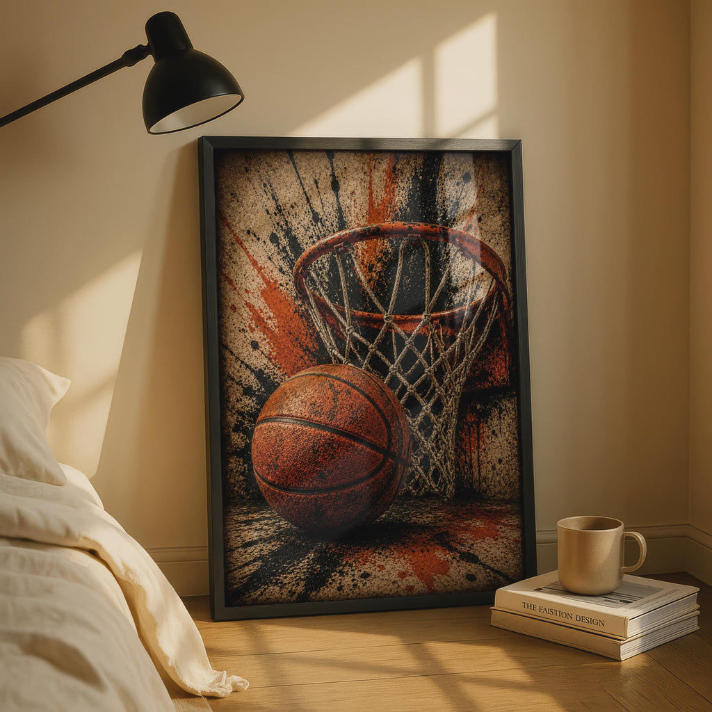 Basketball Hoop Grunge Poster, Urban Street Sport Wall Art, Orange Black Decor