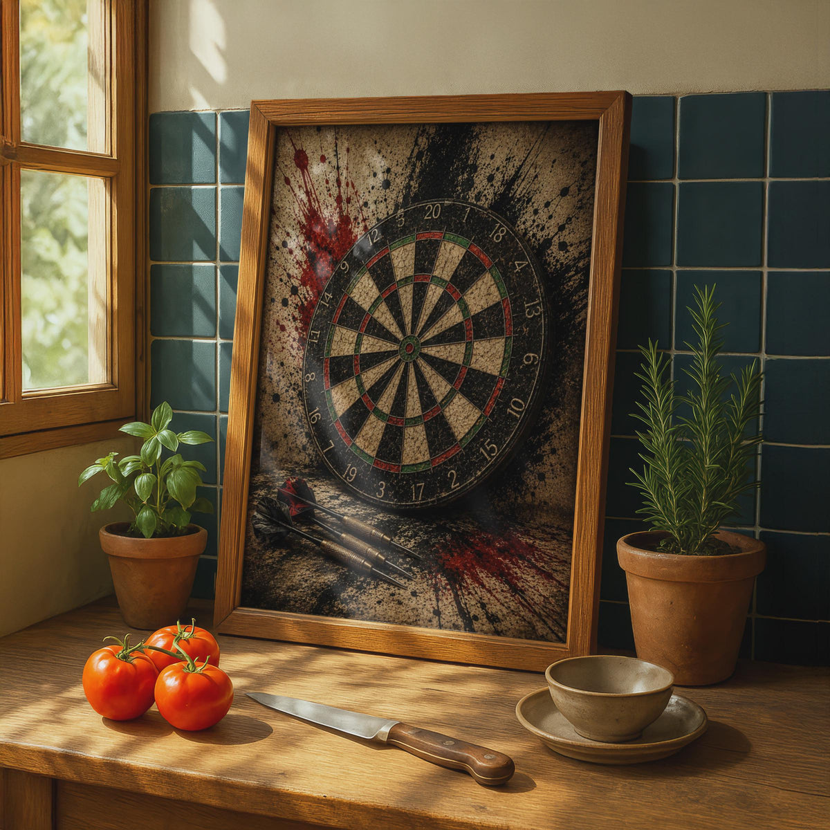 Dartboard Grunge Poster, Dark Darts Wall Art, Moody Sports Room Decor, Games Room