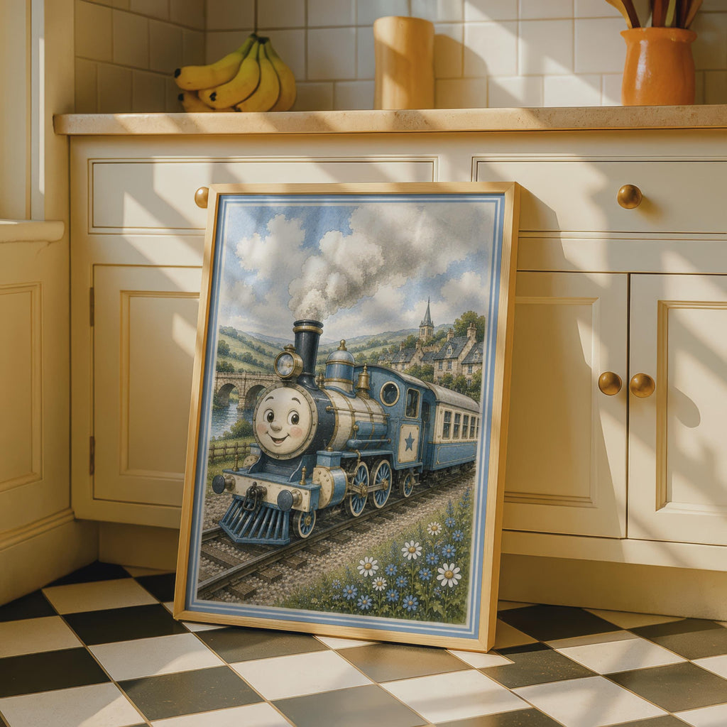 Smiling Steam Train Poster, Blue Locomotive Children's Wall Art, Kids Bedroom Print