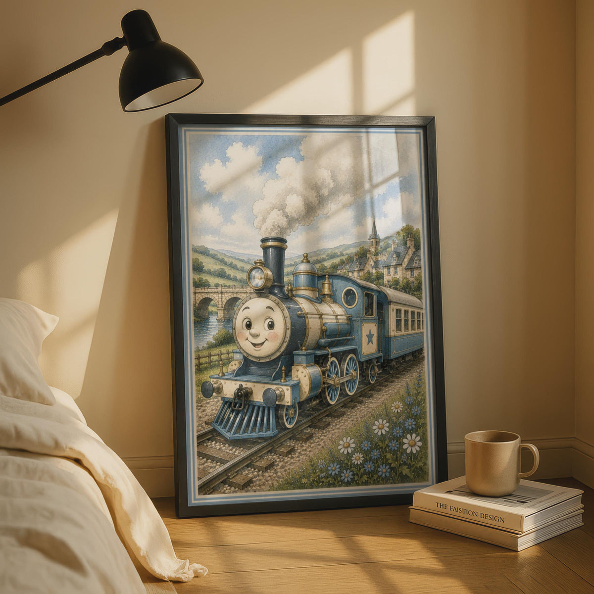 Smiling Steam Train Poster, Blue Locomotive Children's Wall Art, Kids Bedroom Print