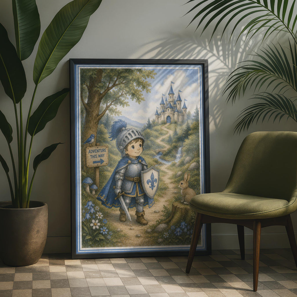 Little Knight Adventure Poster, Boys Bedroom Castle Wall Art, Fairytale Children's Print