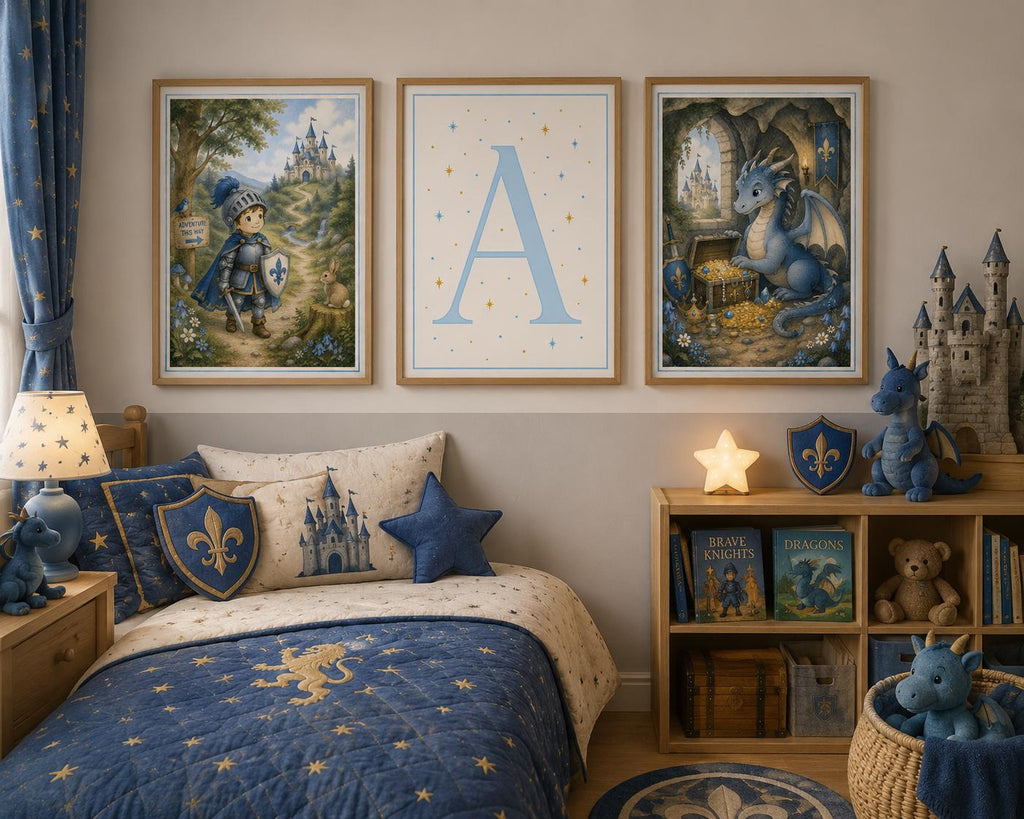Prince Castle Poster, Boys Fantasy Kingdom Wall Art, Blue Fairytale Children's Room Decor Print