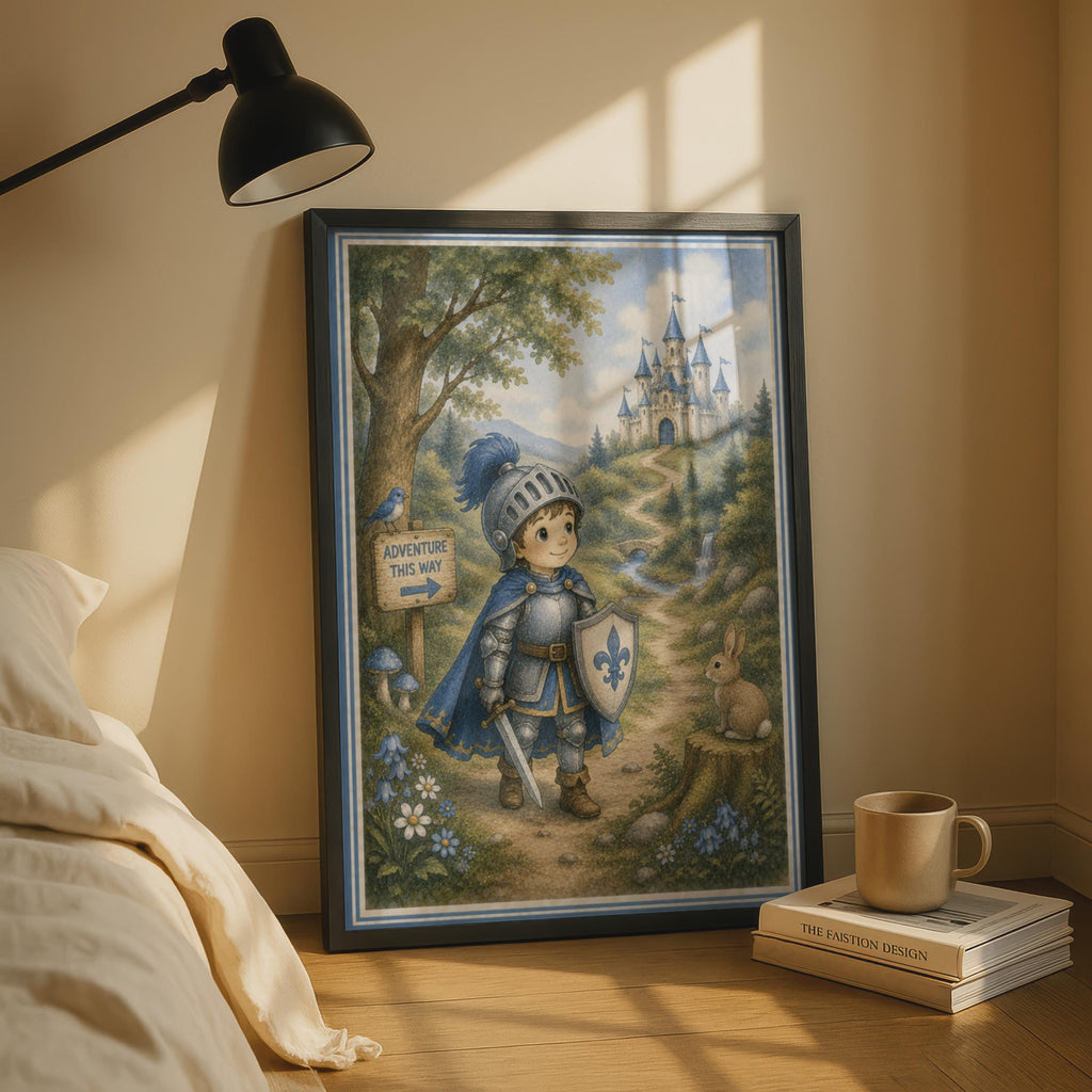 Little Knight Adventure Poster, Boys Bedroom Castle Wall Art, Fairytale Children's Print