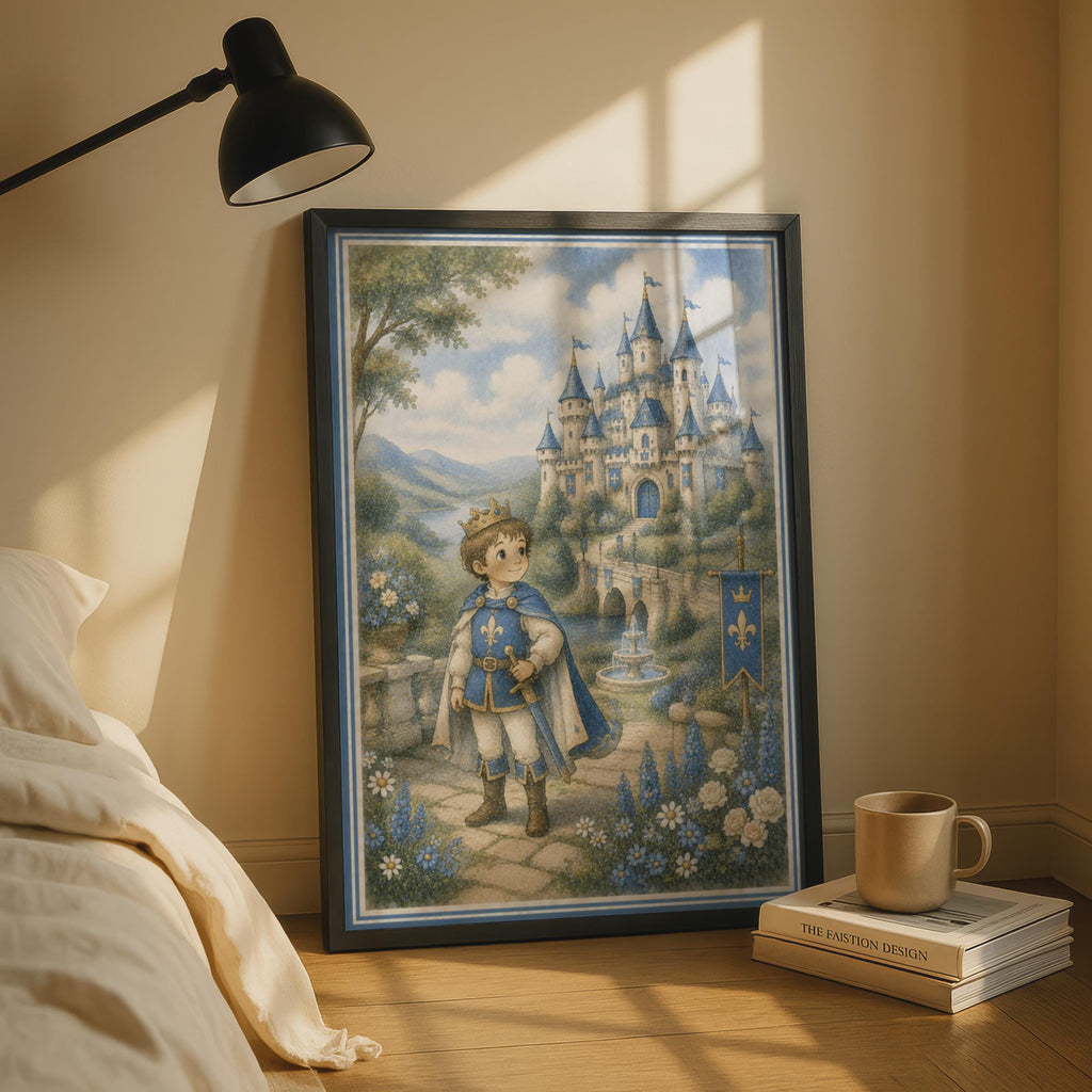 Prince Castle Poster, Boys Fantasy Kingdom Wall Art, Blue Fairytale Children's Room Decor Print