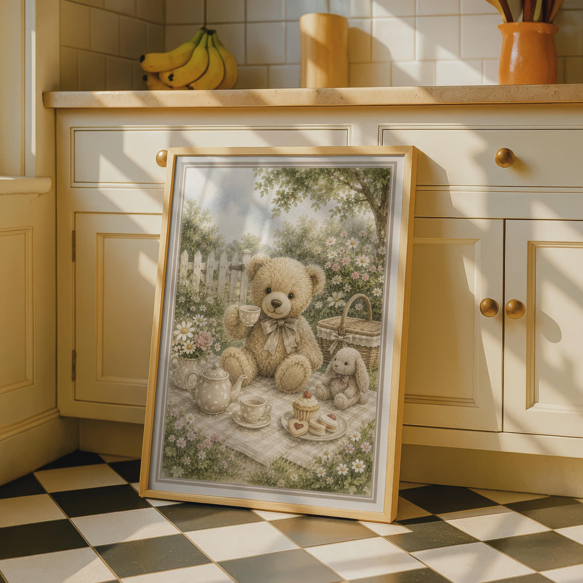 Teddy Bear Tea Party Poster, Vintage Watercolour Garden Nursery Wall Art Print