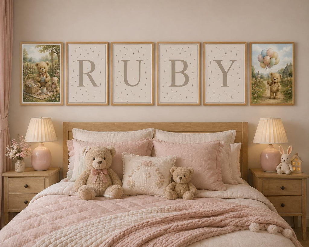 Sleepy Teddy Bear Nursery Print, Vintage Storybook Children's Wall Art, Neutral Beige Kids Room