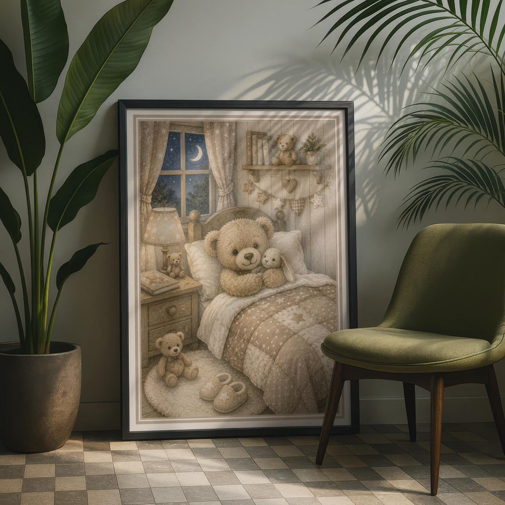 Teddy Bear Bedroom Poster, Cosy Nursery Wall Art, Children's Room Decor, Neutral Beige
