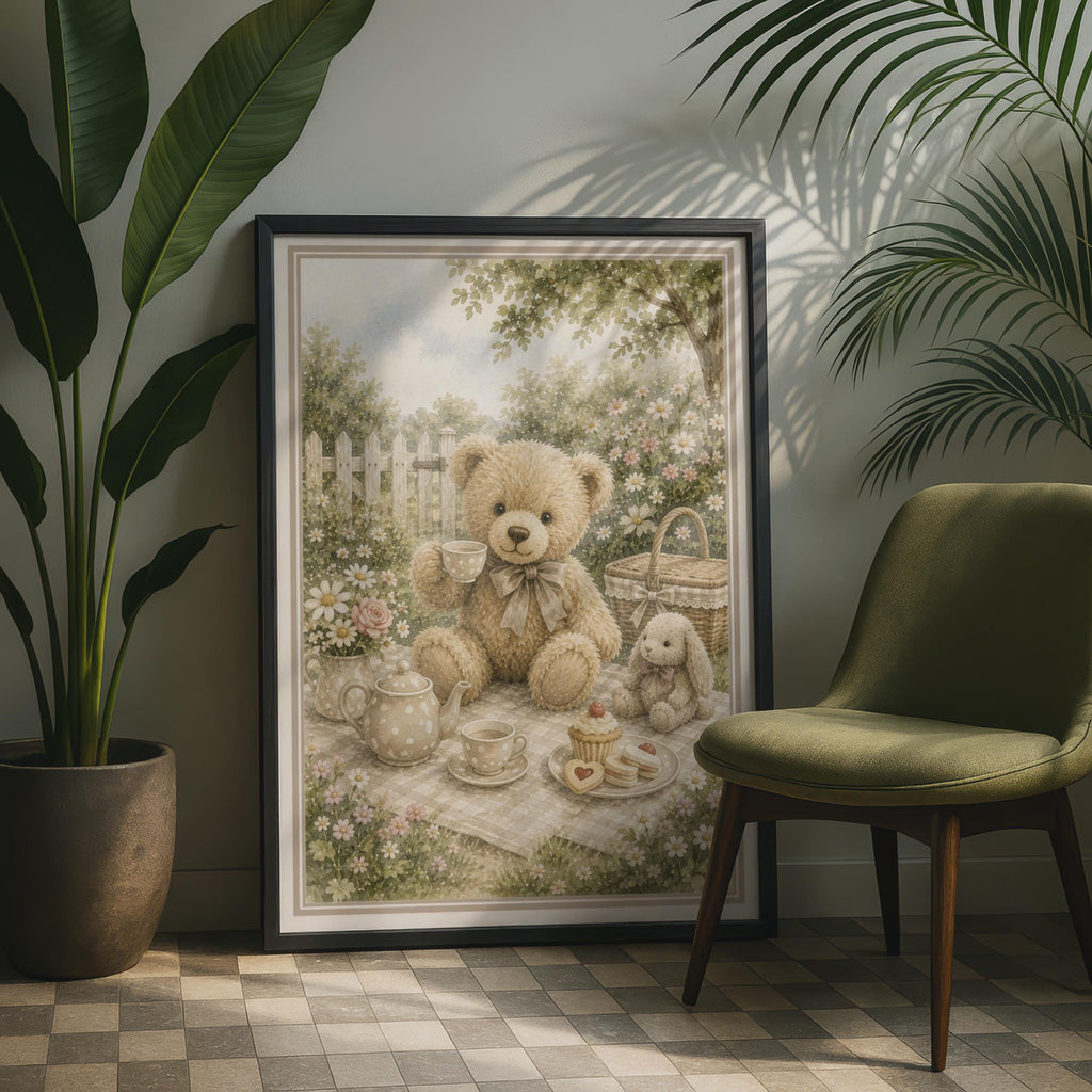 Teddy Bear Tea Party Poster, Vintage Watercolour Garden Nursery Wall Art Print