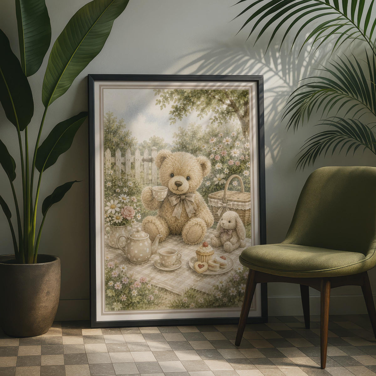 Teddy Bear Tea Party Poster, Vintage Watercolour Garden Nursery Wall Art Print