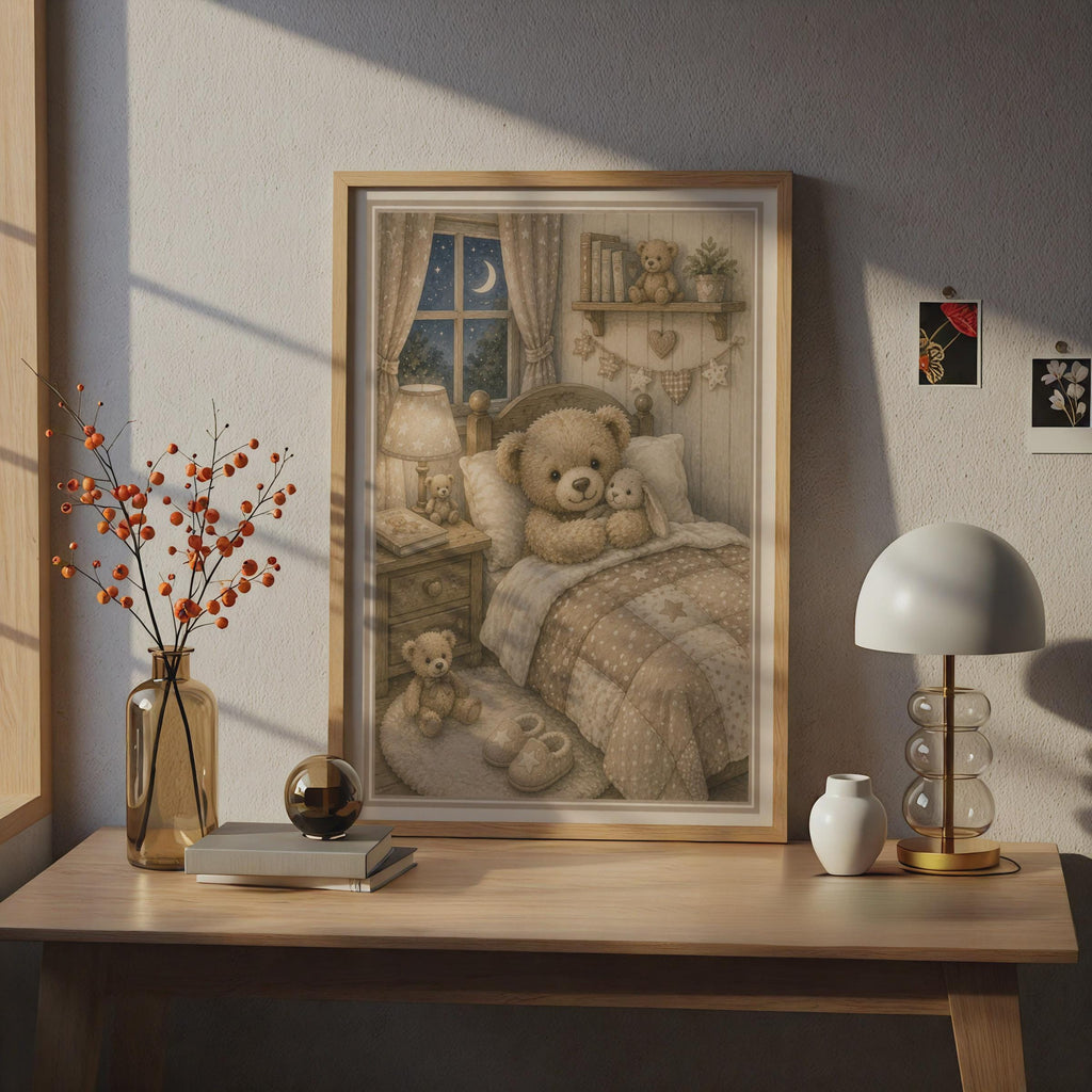 Teddy Bear Bedroom Poster, Cosy Nursery Wall Art, Children's Room Decor, Neutral Beige