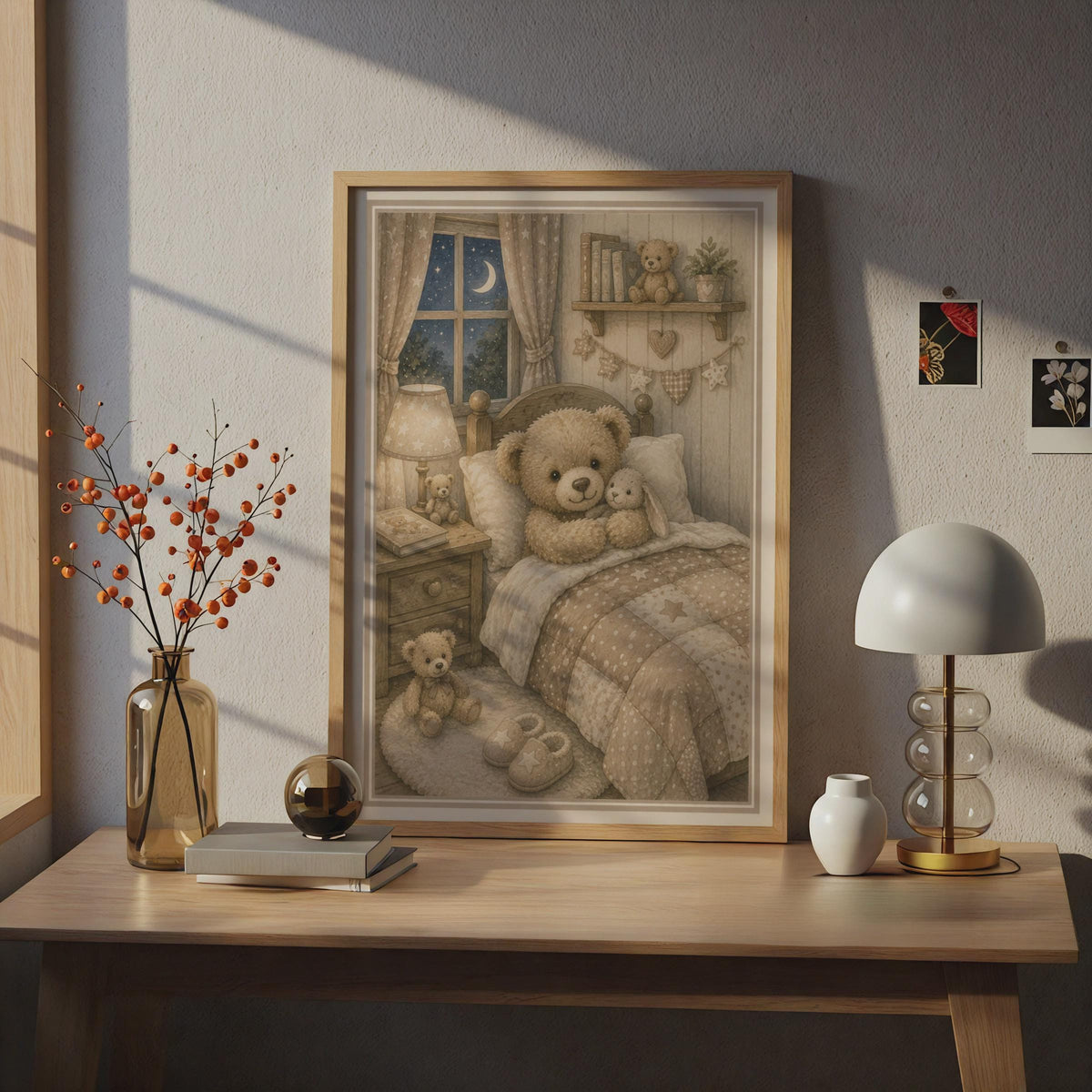 Teddy Bear Bedroom Poster, Cosy Nursery Wall Art, Children's Room Decor, Neutral Beige