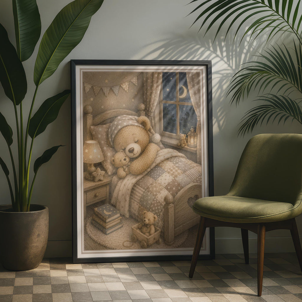 Sleepy Teddy Bear Nursery Print, Vintage Storybook Children's Wall Art, Neutral Beige Kids Room