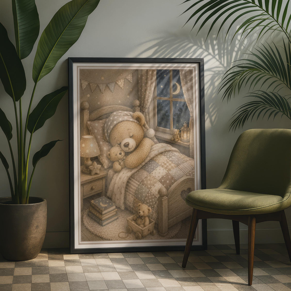 Sleepy Teddy Bear Nursery Print, Vintage Storybook Children's Wall Art, Neutral Beige Kids Room