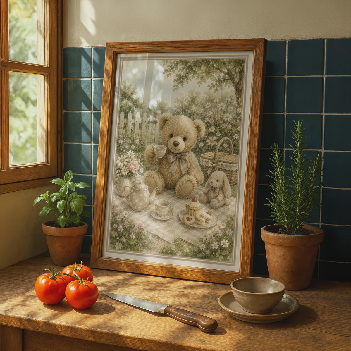 Teddy Bear Tea Party Poster, Vintage Watercolour Garden Nursery Wall Art Print