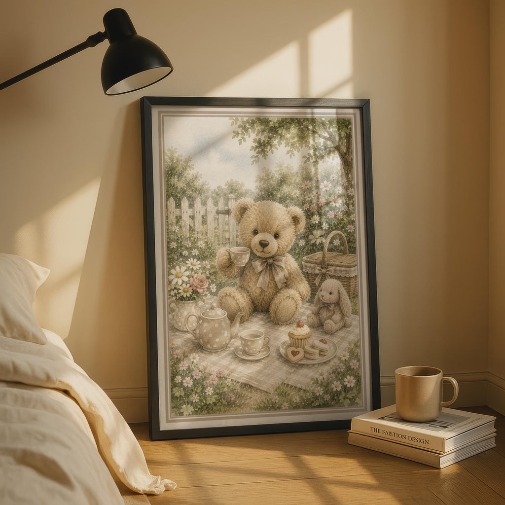 Teddy Bear Tea Party Poster, Vintage Watercolour Garden Nursery Wall Art Print