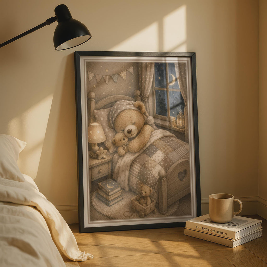 Sleepy Teddy Bear Nursery Print, Vintage Storybook Children's Wall Art, Neutral Beige Kids Room