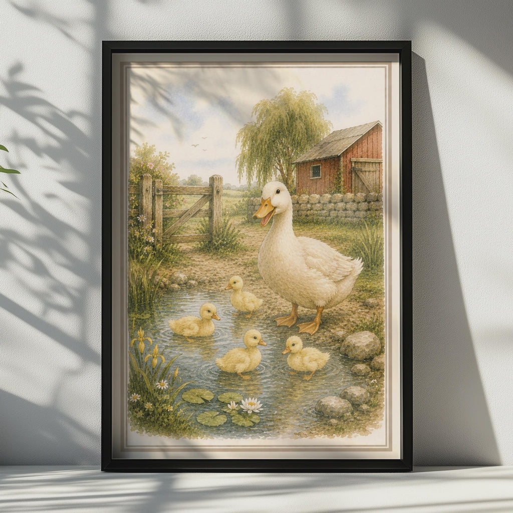 Duck and Ducklings Poster, Farmyard Watercolour Wall Art, Nursery Animal Print, Countryside Decor