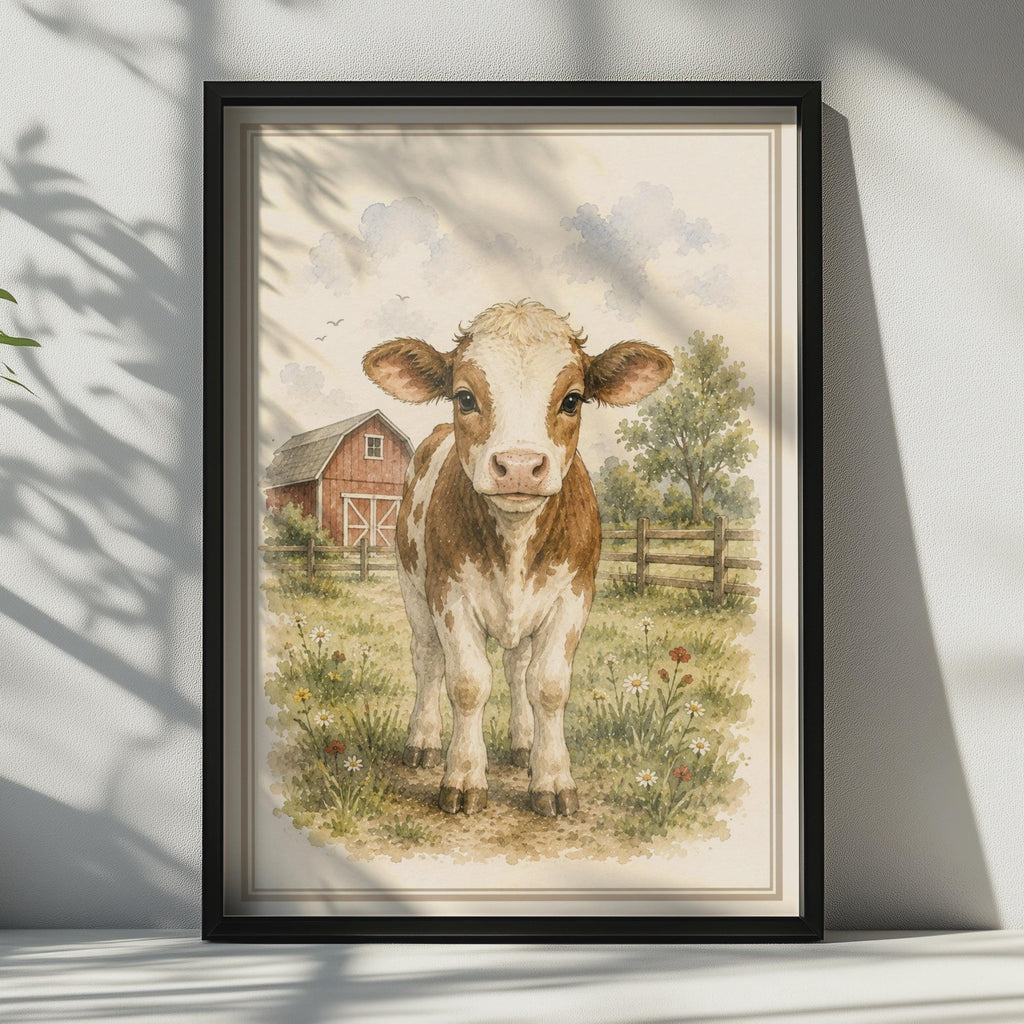 Baby Calf Watercolour Poster, Farm Animal Wall Art, Children's Nursery Print