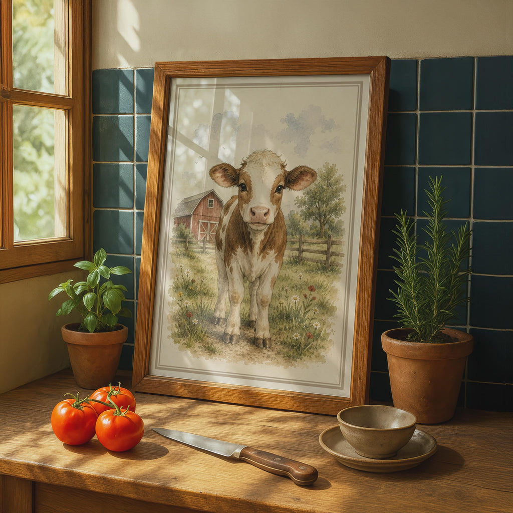 Baby Calf Watercolour Poster, Farm Animal Wall Art, Children's Nursery Print
