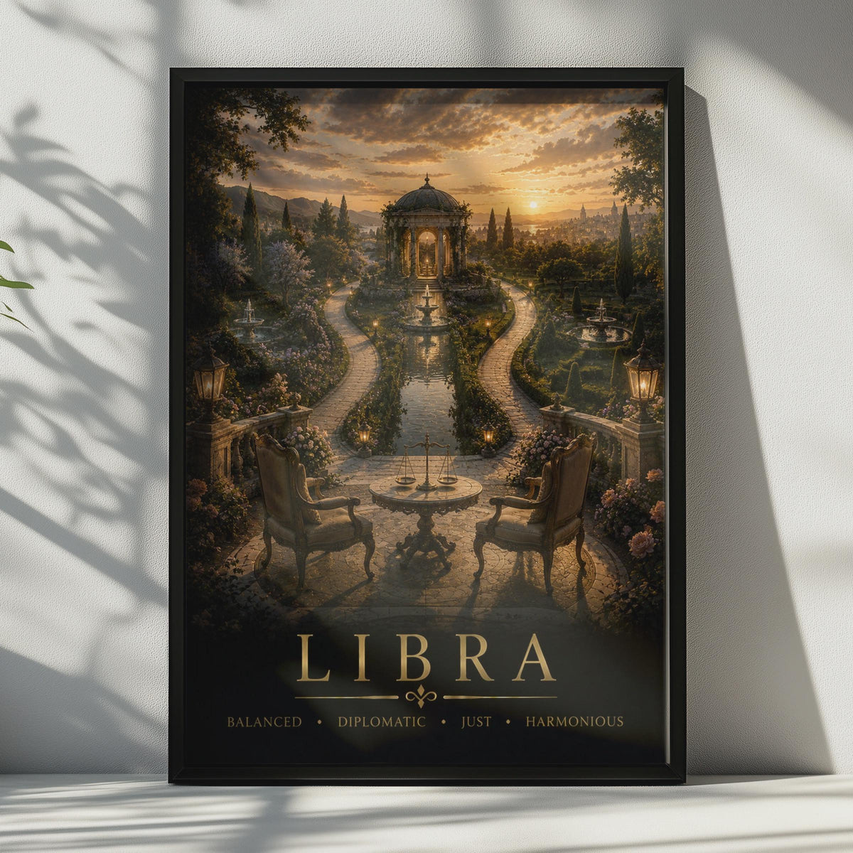 Libra Zodiac Poster, Baroque Garden Sunset, Dark Academia Decor (Print)