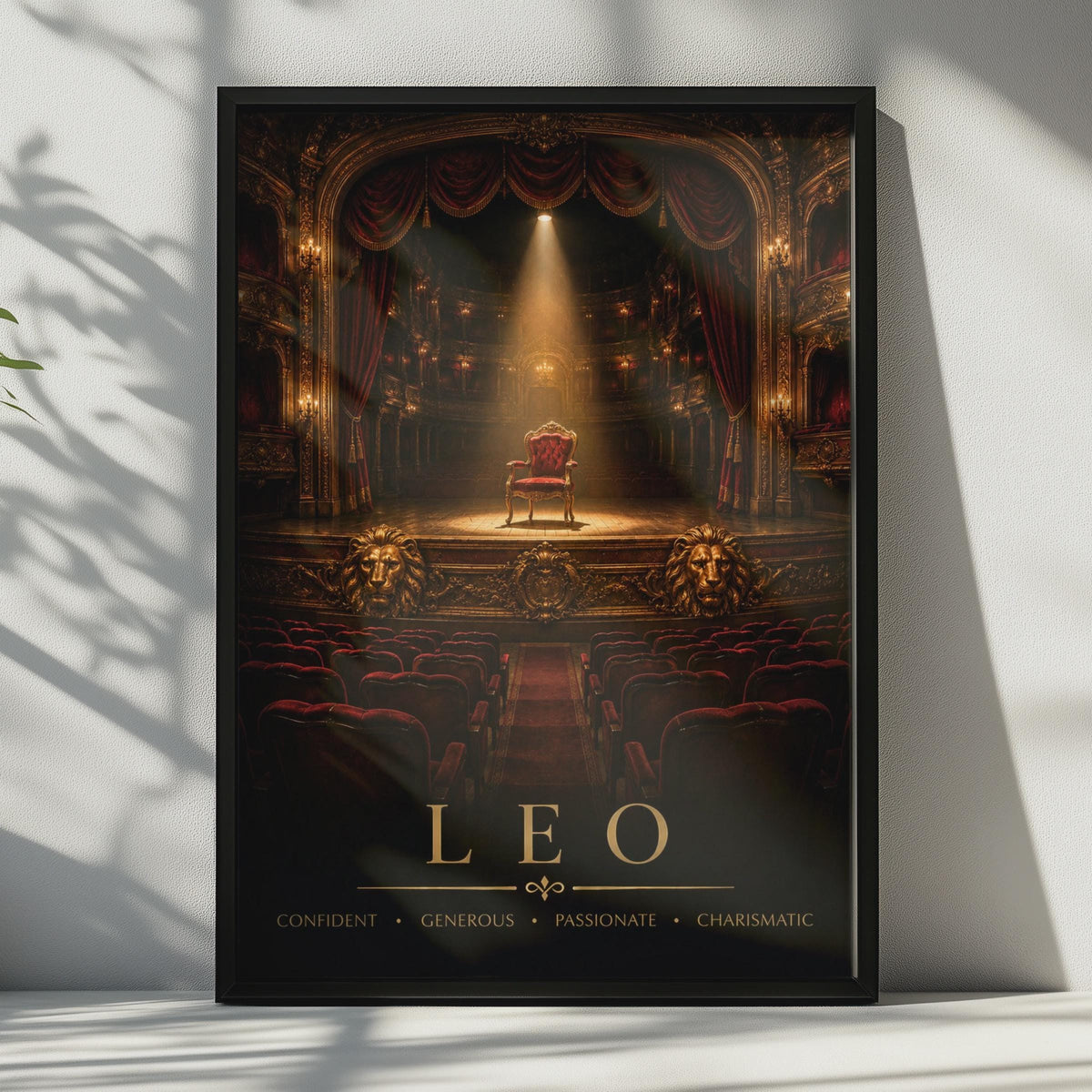 Leo Zodiac Poster, Red Velvet Throne, Gold Lion, Dramatic Theatre Decor