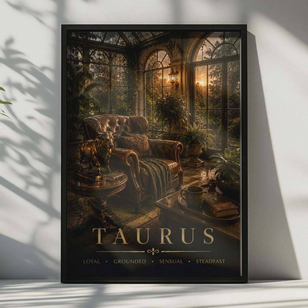 Taurus Zodiac Poster, Dark Moody Astrology Print, Victorian Greenhouse Scene (Wall Art)