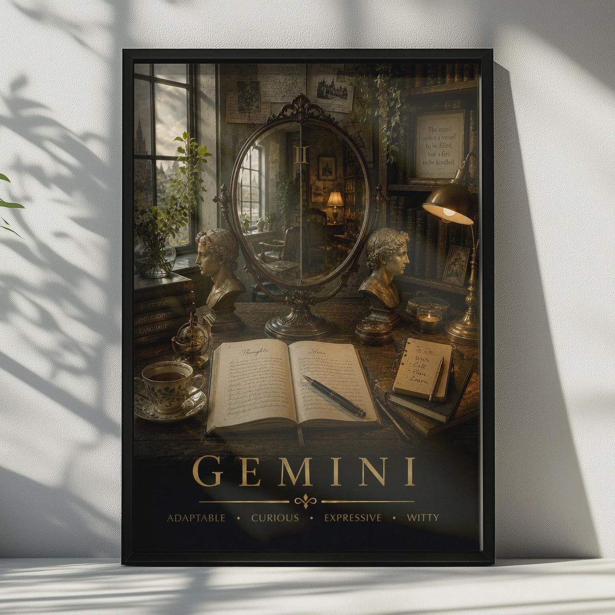 Gemini Zodiac Poster, Dark Academia Study Decor, Twin Busts, Gold Typography (Printed Poster)