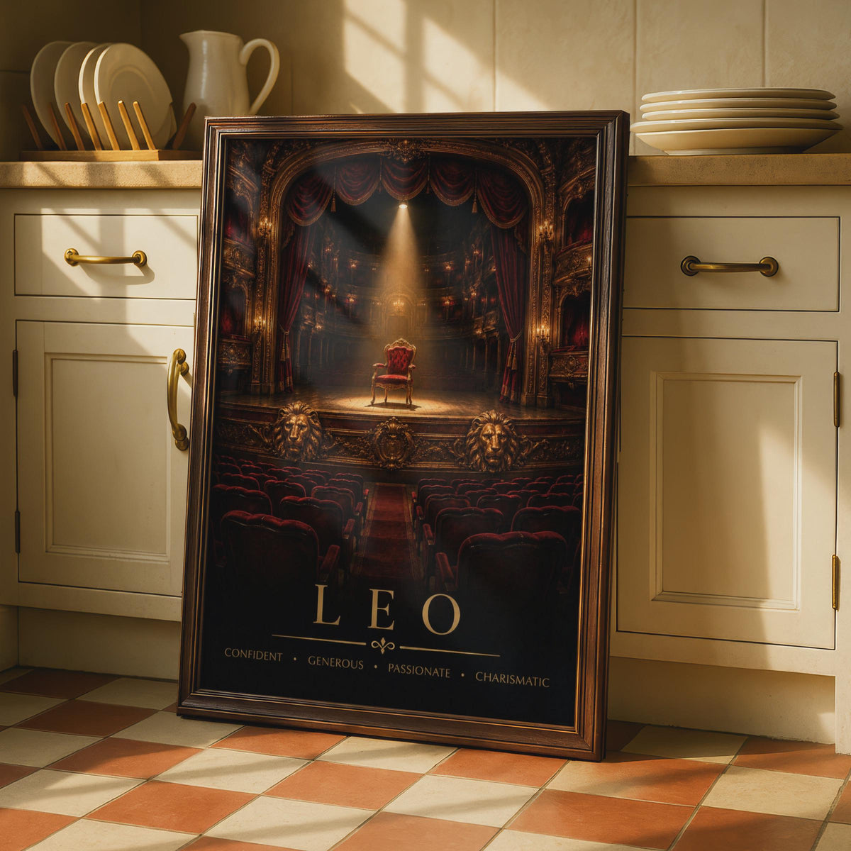Leo Zodiac Poster, Red Velvet Throne, Gold Lion, Dramatic Theatre Decor