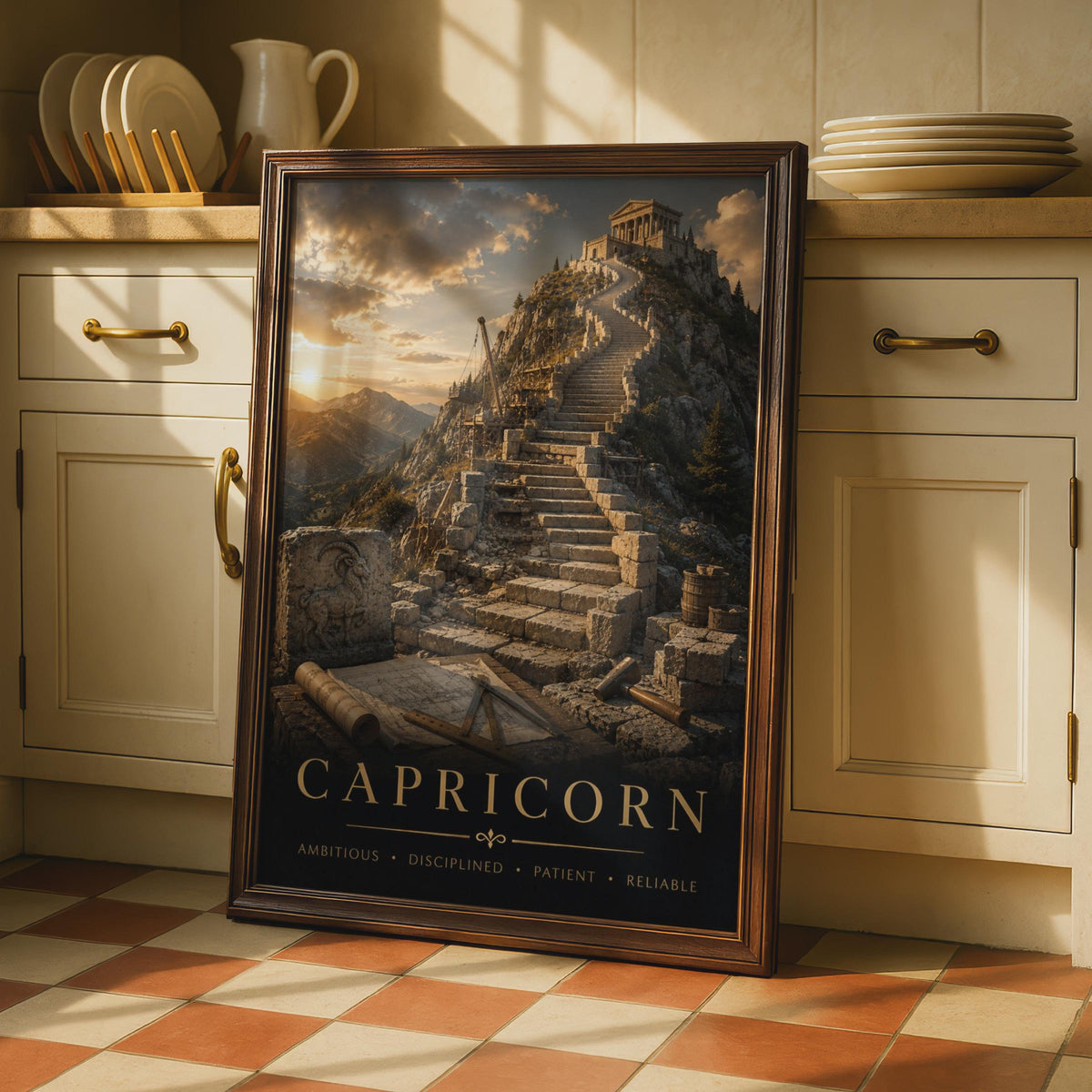 Capricorn Zodiac Poster, Mountain Temple, Ambitious Disciplined Astrology Print (Wall Art)