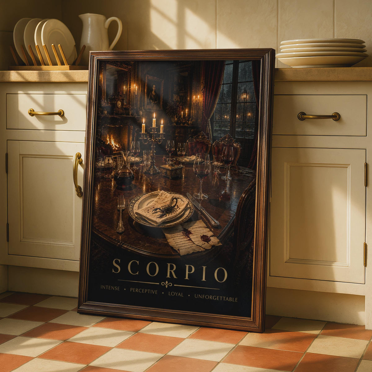 Scorpio Zodiac Poster, Gothic Candlelit Dining Room, Moody Astrology Art