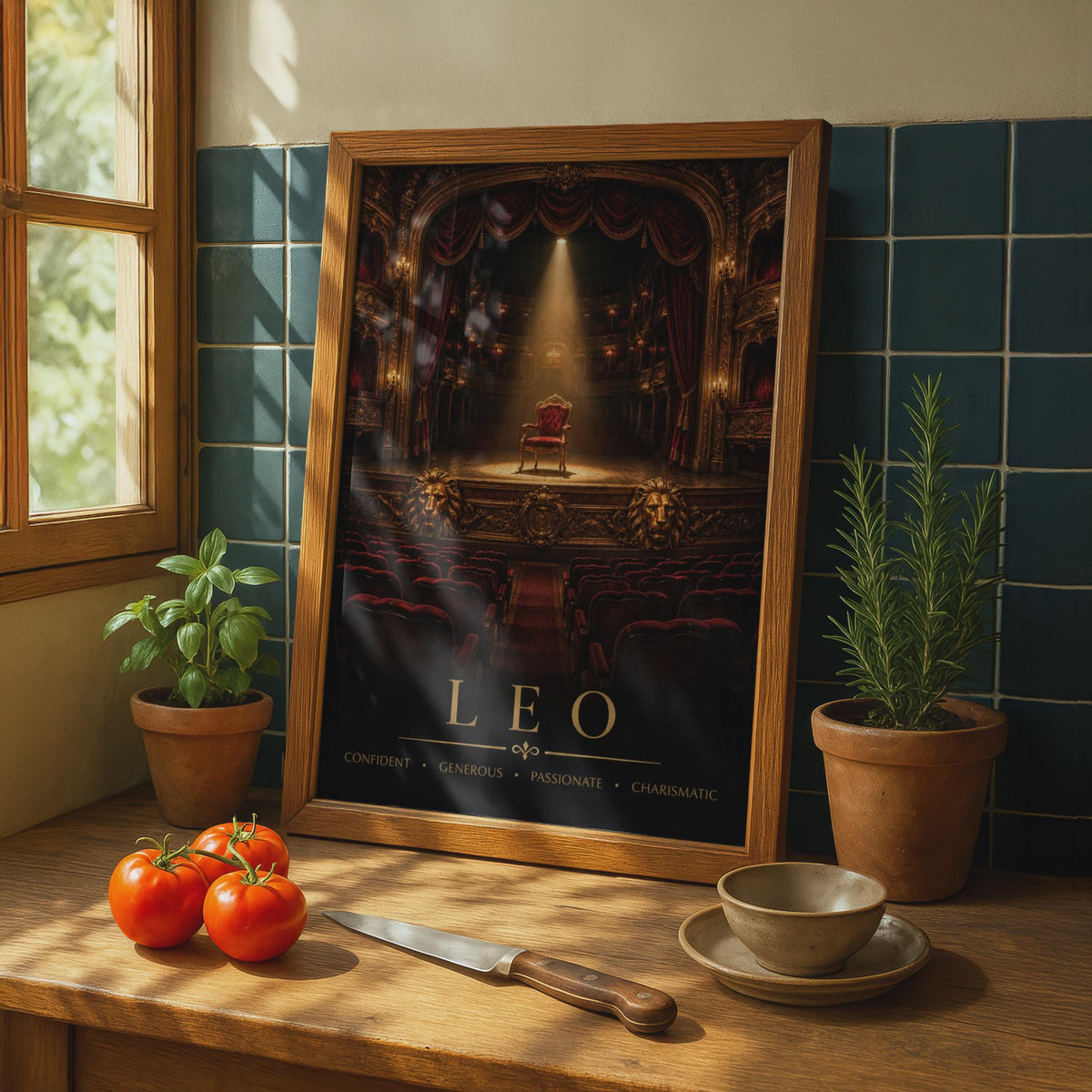Leo Zodiac Poster, Red Velvet Throne, Gold Lion, Dramatic Theatre Decor